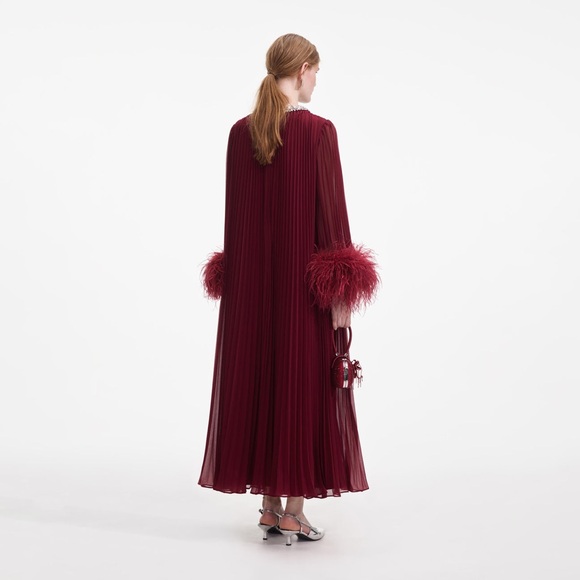 Self Portrait BURGUNDY CHIFFON FEATHER MIDI DRESS $950 NEW without tag - Picture 5 of 8